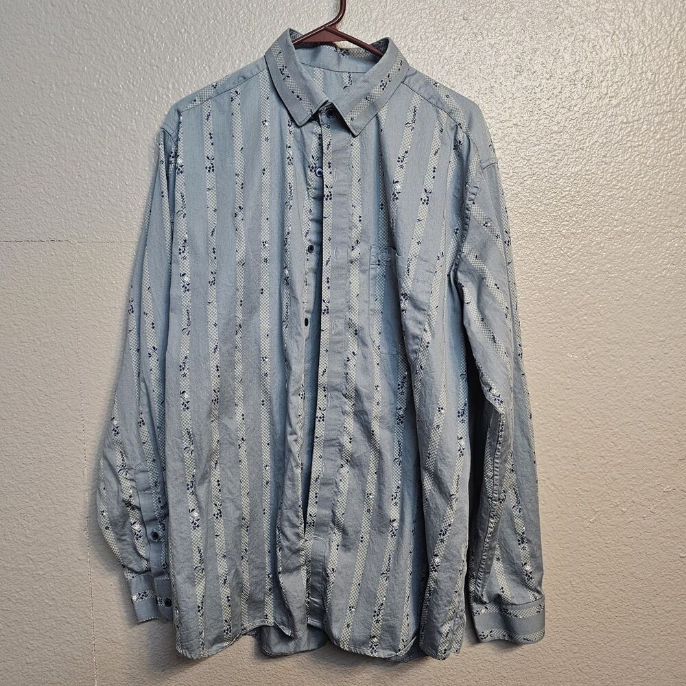 French Crown Button Shirt Sz 44 Blue Striped Floral Long Sleeve Office Wear T742